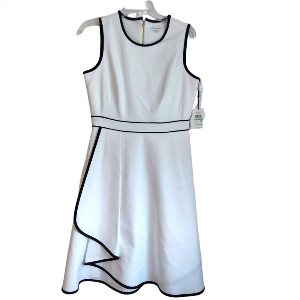 Calvin Klein White Asymmetrical Dress with Black Accents